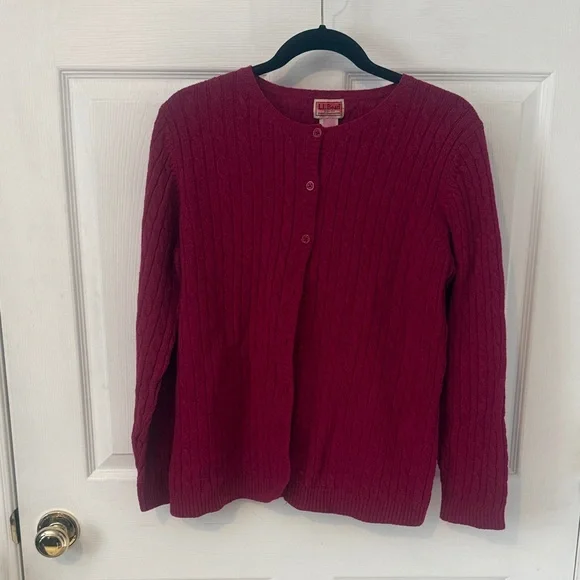 L.L. Bean Raspberry Cable-Knit Wool Cardigan - Picture 1 of 5